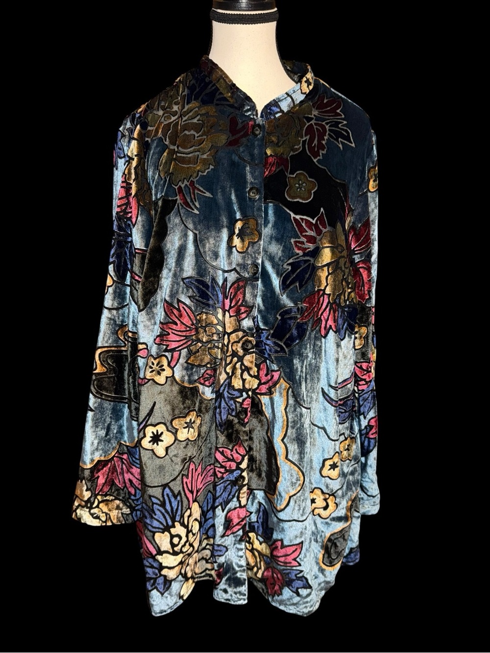 Maggie Barnes Floral Velvet Tunic Jacket Blue Multicolor Boho Art Wear Button OX